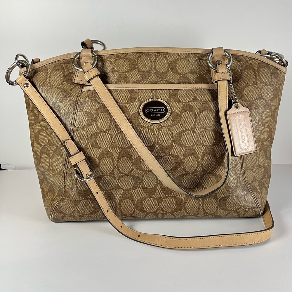 Coach Tan Signature Canvas Tote with Leather Trim